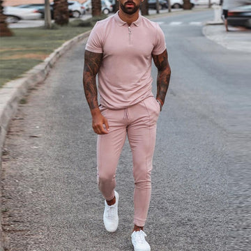 Fashion Solid Mens Clothes 2021 Summer 2 Piece Set Men Turn-down Collar Zipper Tops And Drawstring Pants Outfit Casual Suits 3XL aidase-shop
